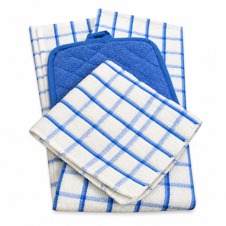Pictured: White and blue towels folded with a blue potholder tucked in between. The pictured towels are from the Oxford Kitchen Collection and are in the White & Blue Checkered style.