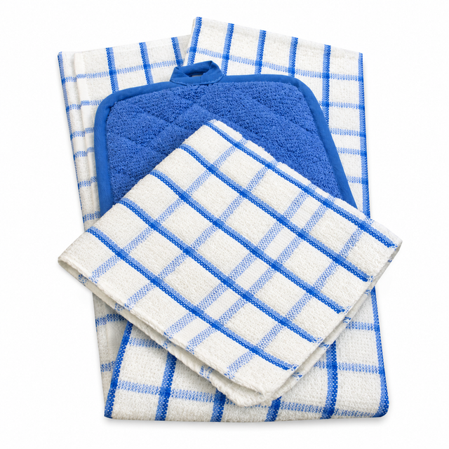 Pictured: White and blue towels folded with a blue potholder tucked in between. The pictured towels are from the Oxford Kitchen Collection and are in the White & Blue Checkered style.