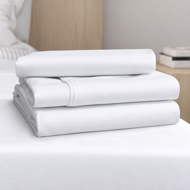 Pictured: Modern bedroom setting with three neatly folded towels stacked upon each other. The sheets are white and the bedding it sits on top of is also white.