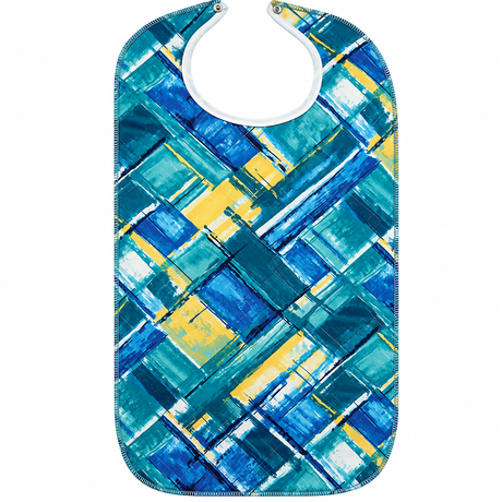 Pictured: Multicolored bib against a white background. This vinyl clothing protector snaps around the neck. The colors on the bib are yellow, teal, blue, green and white.