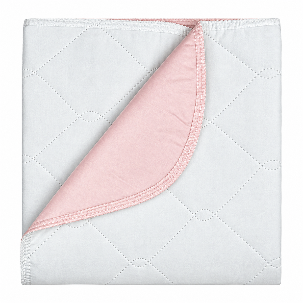 Pictured: Green and pink underpad for incontinence against a white background. The pad is neatly folded and has a corner folded over to show what the pink bottom of the pad looks like.