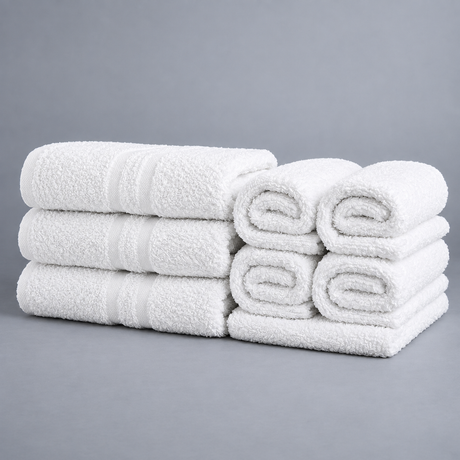 Pictured: 3 neatly folded white towels stacked on top of each other. To the right is 4 rolled up towels sitting atop another neatly folded towel. All against a grey background.