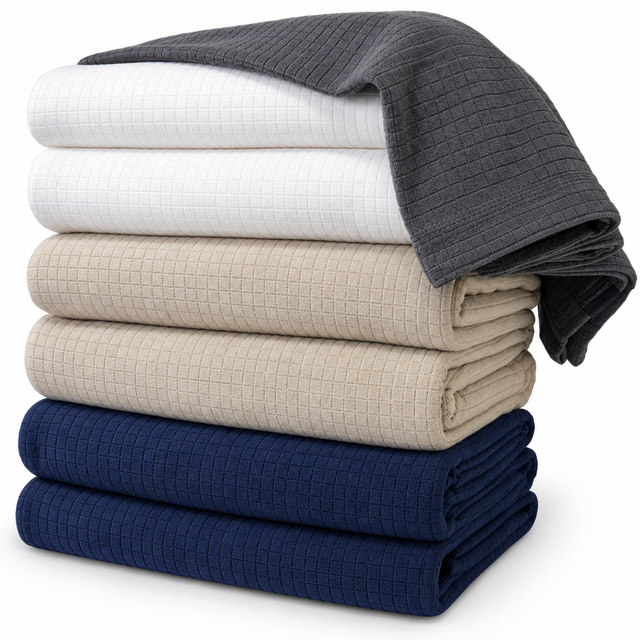Pictured: Neatly folded stack of the Polartec Blankets against a white background. The two folded blankets at the bottom are in the shade "Midnight Blue", the next two above are in the shade "Linen", on top is the shade "Cream". Draped over the stack is the shade "Grey".