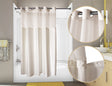 Pictured: On the left you can see the Champagne colored Pre-Hooked Shower Curtain set up in a tub. On the left is two close up images showing the way the curtain is pre hooked on top and showing the snaps on the curtain on the bottom.