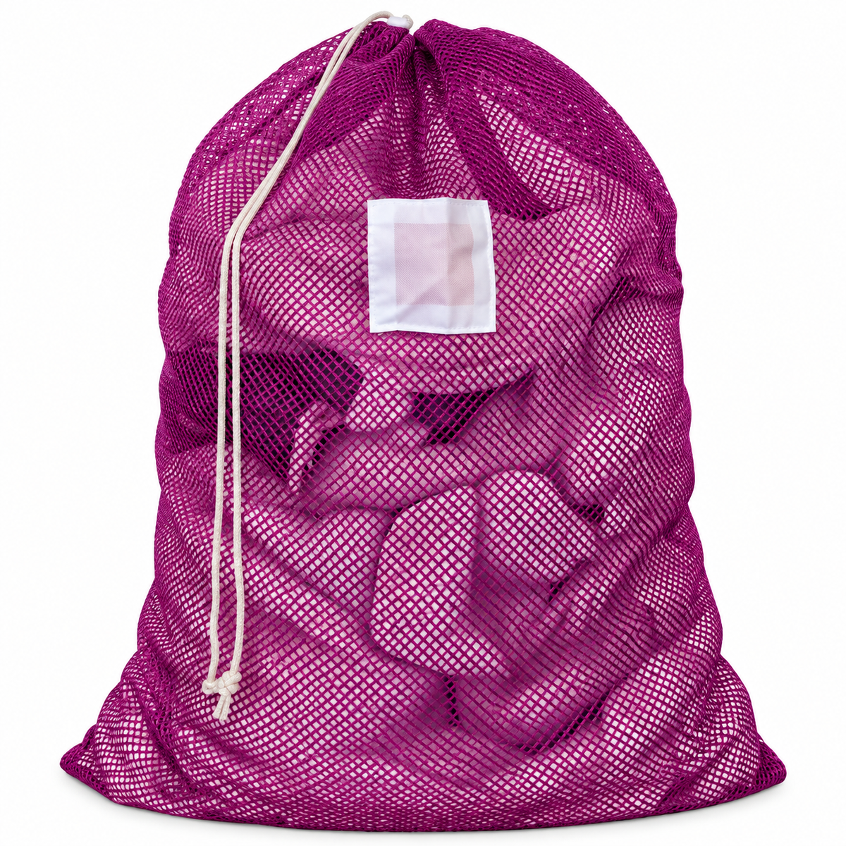 Pictured: Full Purple Mesh Laundry bag with white ID tag and drawstring enclosure against a white background.