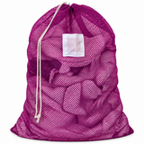Pictured: Full Purple Mesh Laundry bag with white ID tag and drawstring enclosure against a white background.