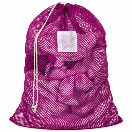 Pictured: Full Purple Mesh Laundry bag with white ID tag and drawstring enclosure against a white background.