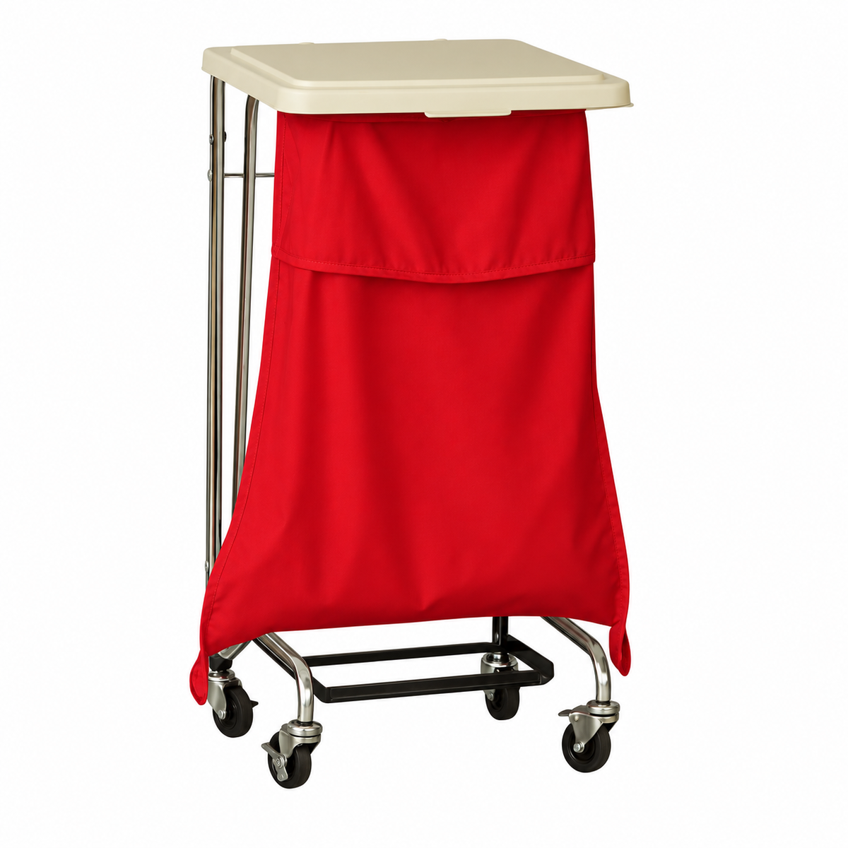 Pictured: A red hooded self-closing fluid resistant laundry bag on wheels with a metal frame, with a plastic white top.