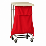 Pictured: A red hooded self-closing fluid resistant laundry bag on wheels with a metal frame, with a plastic white top.