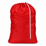 Pictured: Solid colored nylon laundry bag with a drawstring enclosure against a white background. This bag is in the shade Red.