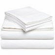 Pictured: White Elite T-180 Sheets neatly folded and stacked on top of each other against a white background.