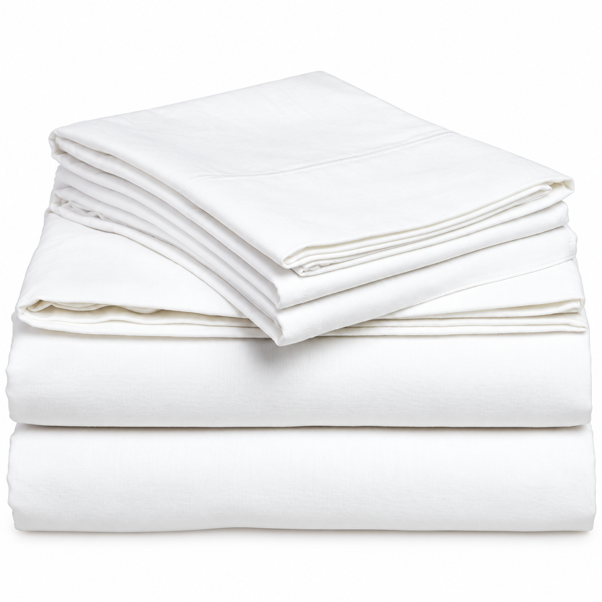 Pictured: White Elite T-180 Sheets neatly folded and stacked on top of each other against a white background.