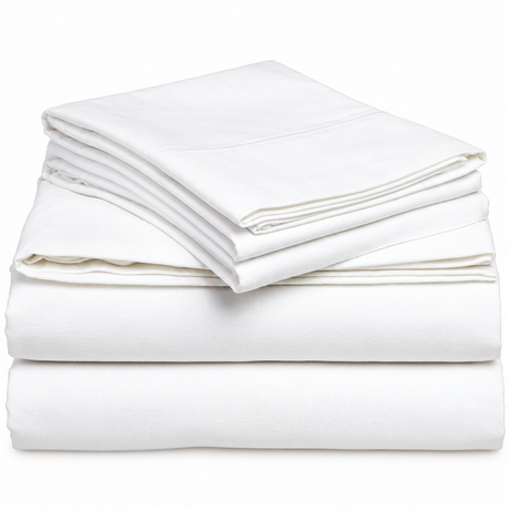 Pictured: White Elite T-180 Sheets neatly folded and stacked on top of each other against a white background.