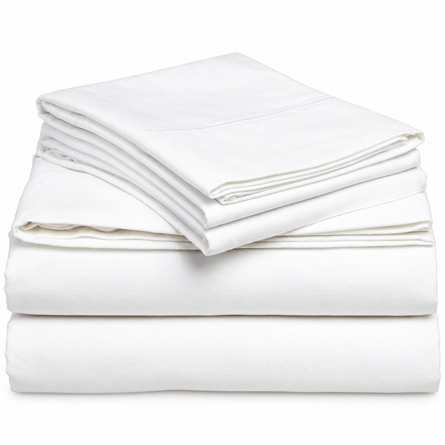 Pictured: White Elite T-180 Sheets neatly folded and stacked on top of each other against a white background.