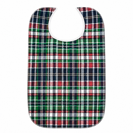Pictured: Highland Plaid Vinyl Bib Clothing Protector against a white background. The bib is green, red, white, and navy. It features a Velcro enclosure for a secure fit.