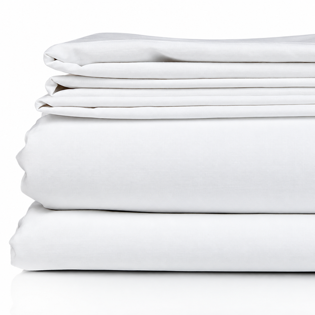 Pictured: White sheets of different sizes neatly folded and stacked on top of each other against a white background.