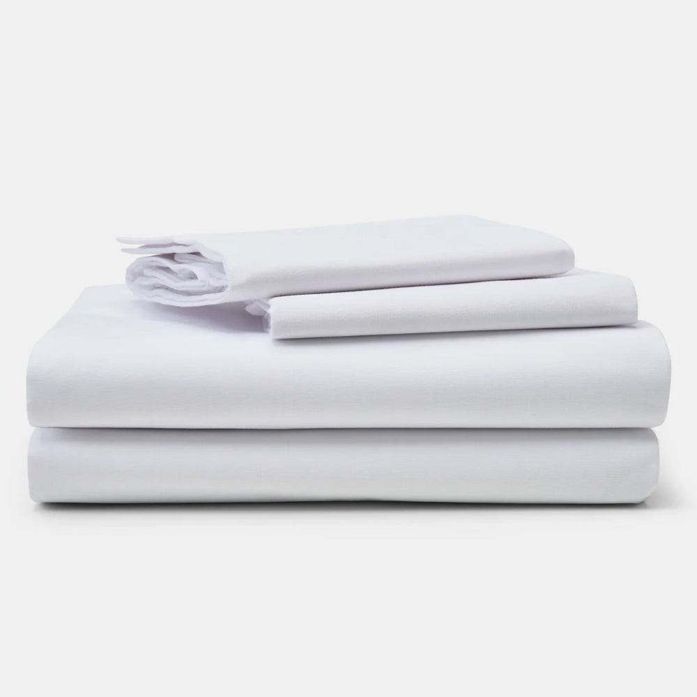 Pictured: Neatly stacked sheet set against a white background. The products featured are the New Era T-180 Sheets.