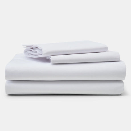 Pictured: Neatly stacked sheet set against a white background. The products featured are the New Era T-180 Sheets.