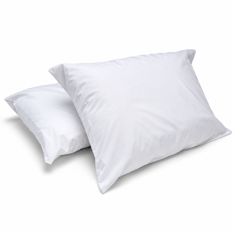Pictured: Two white pillows, one of them is propped up against another, against a white background. These pillows have the Royal Suite T-300 Pillowcase on them.