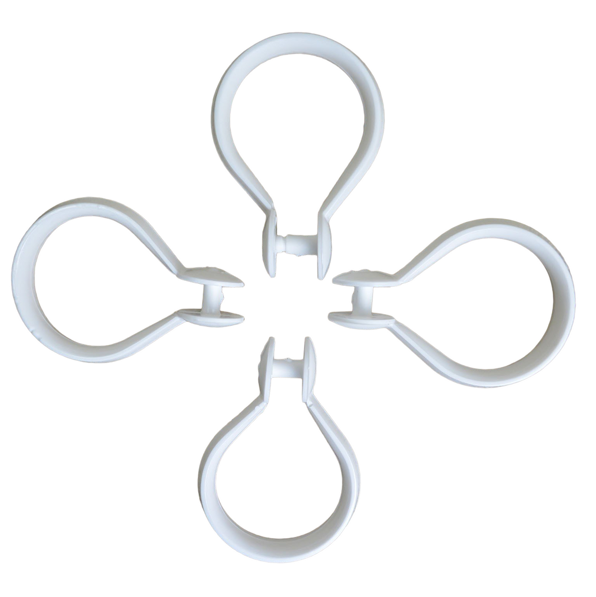 Pictured: Four tear drop shaped white shower hooks against a white background.