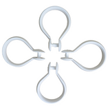 Pictured: Four tear drop shaped white shower hooks against a white background.