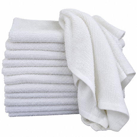 Pictured: stack of folded white towels against a white background. The product featured is the Full Terry Bar Mop, which are perfect bar rags.