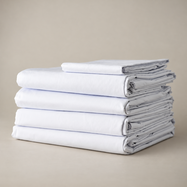 Pictured: A stack of four large white sheets neatly folded in a stack against a neutral background. There is a smaller neatly folded white sheet on top of the stack.