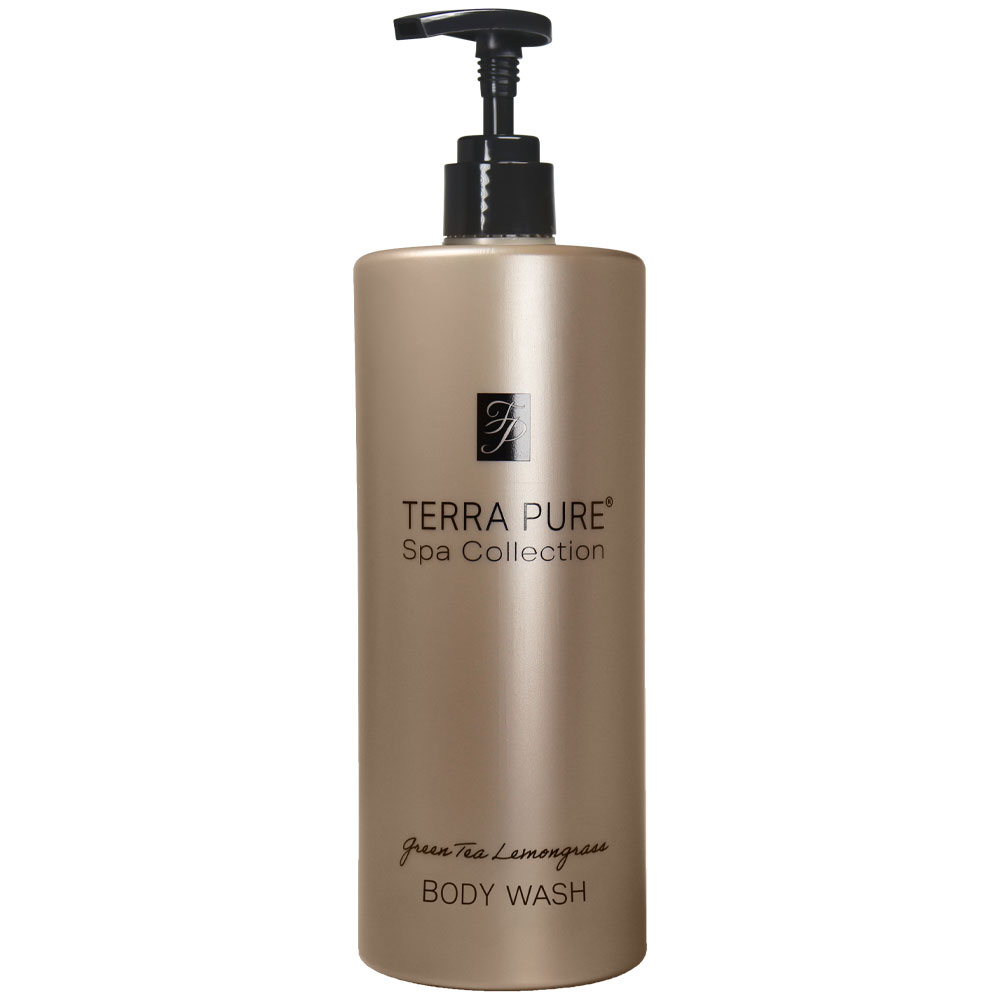 Pictured: Dispenser version of the Terra Pure Green Tea Lemongrass Body Wash against a white background. The product comes in a bronze colored bottle with black writing and a black dispenser.