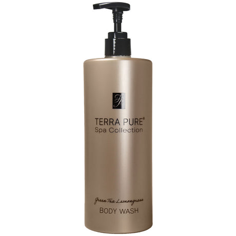 Pictured: Dispenser version of the Terra Pure Green Tea Lemongrass Body Wash against a white background. The product comes in a bronze colored bottle with black writing and a black dispenser.