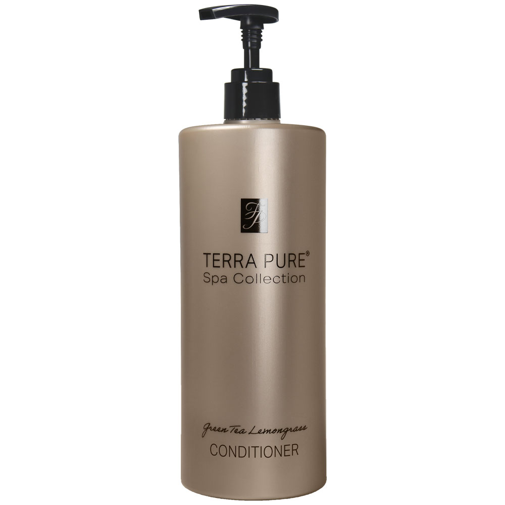 Pictured: Dispenser version of the Terra Pure Green Tea Lemongrass Conditioner against a white background. The product comes in a bronze colored bottle with black writing and a black dispenser.