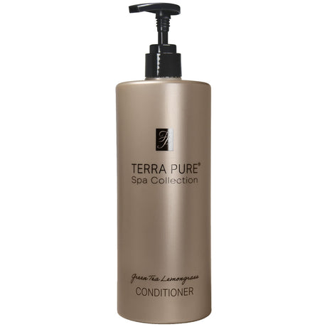 Pictured: Dispenser version of the Terra Pure Green Tea Lemongrass Conditioner against a white background. The product comes in a bronze colored bottle with black writing and a black dispenser.