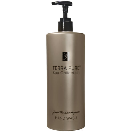 Pictured: Dispenser version of the Terra Pure Green Tea Lemongrass Hand Wash against a white background. The product comes in a bronze colored bottle with black writing and a black dispenser.