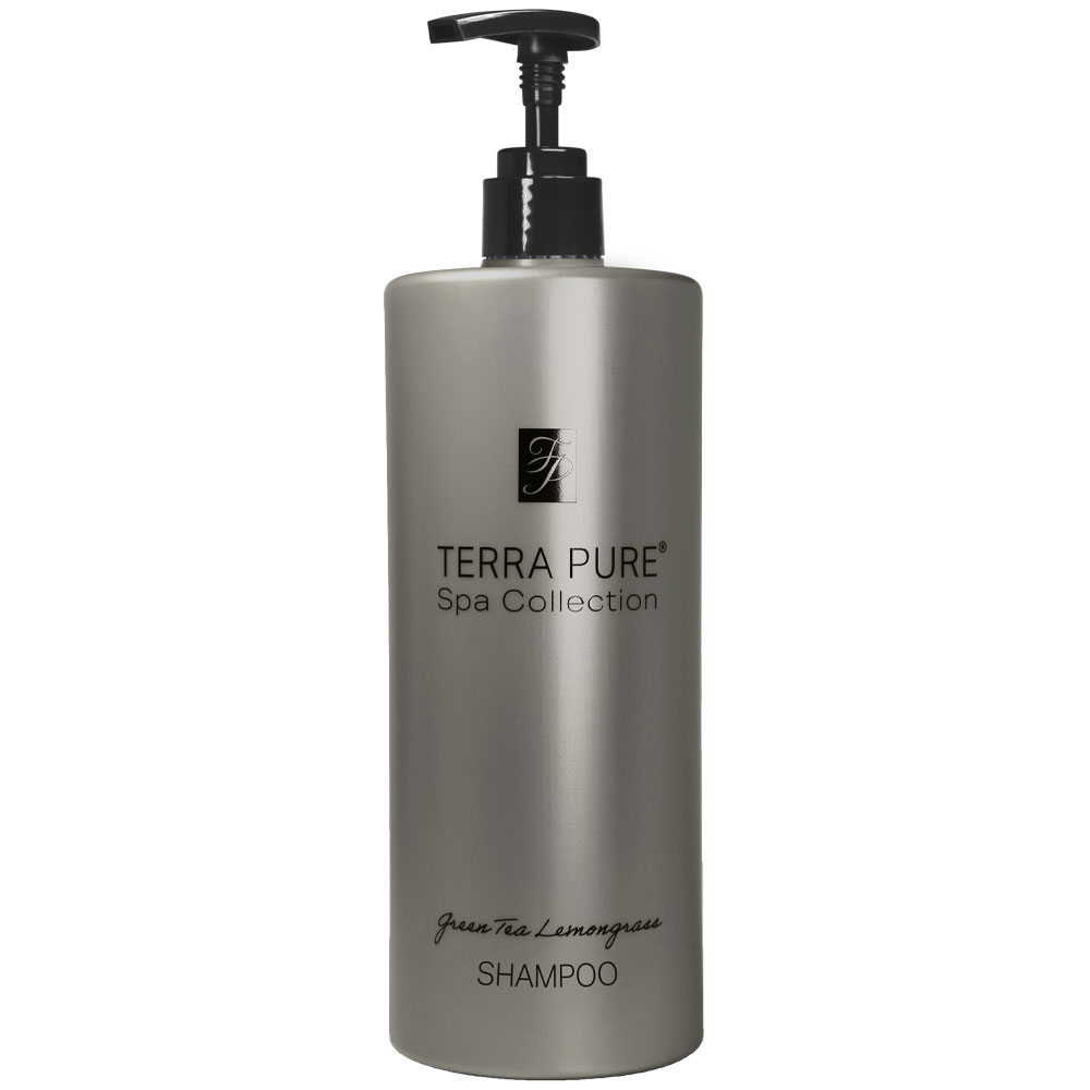 Pictured: Dispenser version of the Terra Pure Green Tea Lemongrass Shampoo against a white background. The product comes in a silver colored bottle with black writing and a black dispenser.