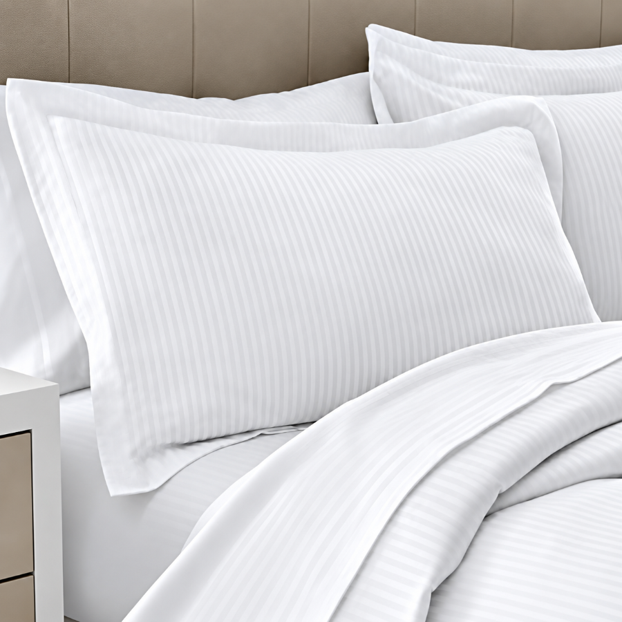 Pictured: Closeup of a pillow on a nicely made white bed against a beige headboard. The pillow is wearing he Millennium T-250 Pillow sham in the Stripe style. It  is made with a twill fabric to create the pattern.