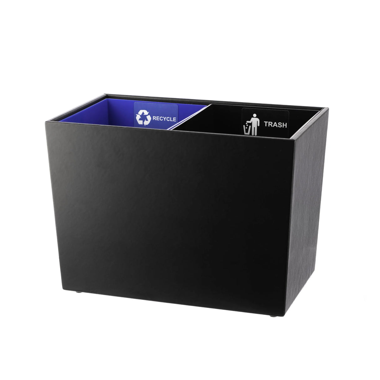 vegan leather dual wastebasket with recycle and trash bin liners.