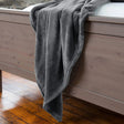 Pictured: A grey fluffy blanket draped over the wooden footboard of a bed.