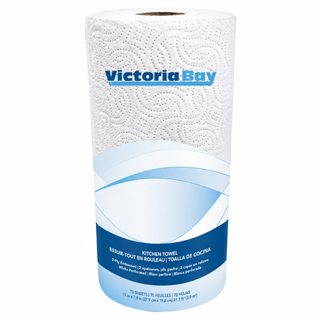 Pictured: Victoria Bay paper kitchen towels in it's transparent and blue plastic wrapping against a white background.