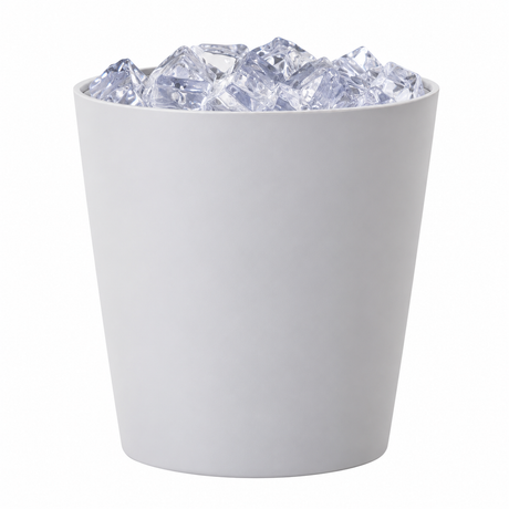 Pictured: Eco Contour Ice bucket in the shade "Gray" filled with ice against a white background.