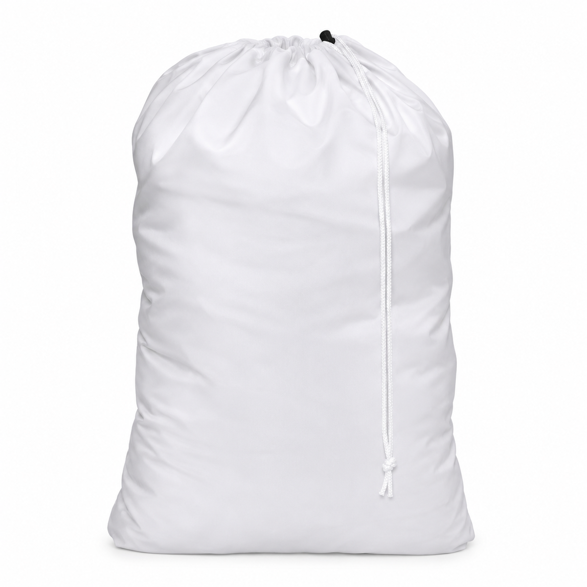Pictured: Solid colored nylon laundry bag with a drawstring enclosure against a white background. This bag is in the shade White.