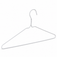 Pictured: A white wire metal hanger against a white background.