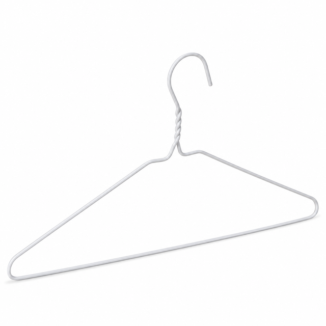Pictured: A white wire metal hanger against a white background.