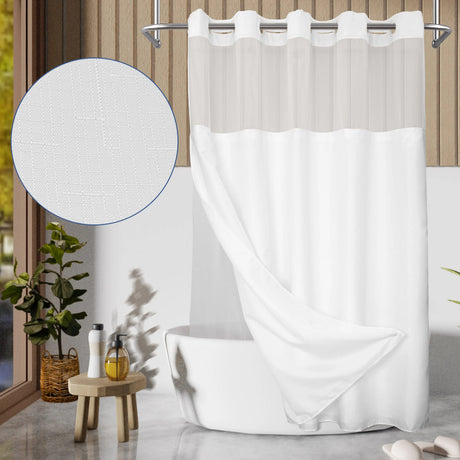 Pictured: White Pre-hooked curtain hanging around a free standing tub in a modern bathroom