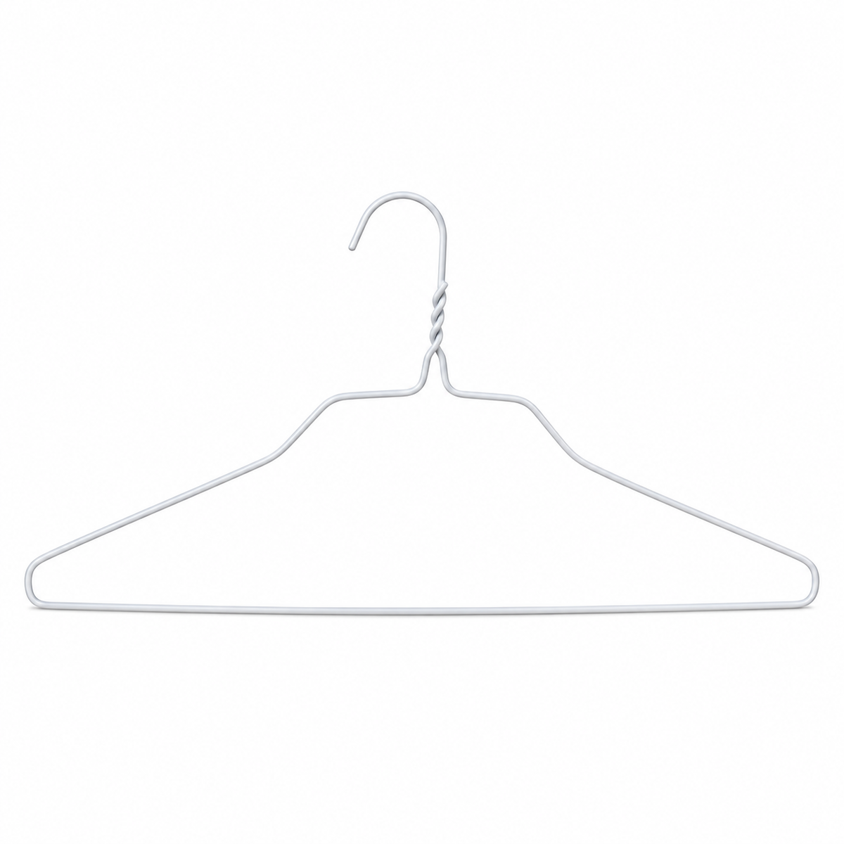 Pictured: White wire metal hanger against a white background.