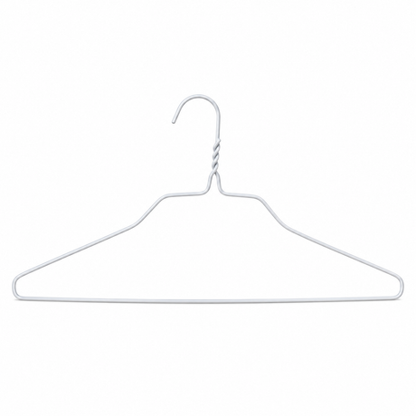 Pictured: White wire metal hanger against a white background.