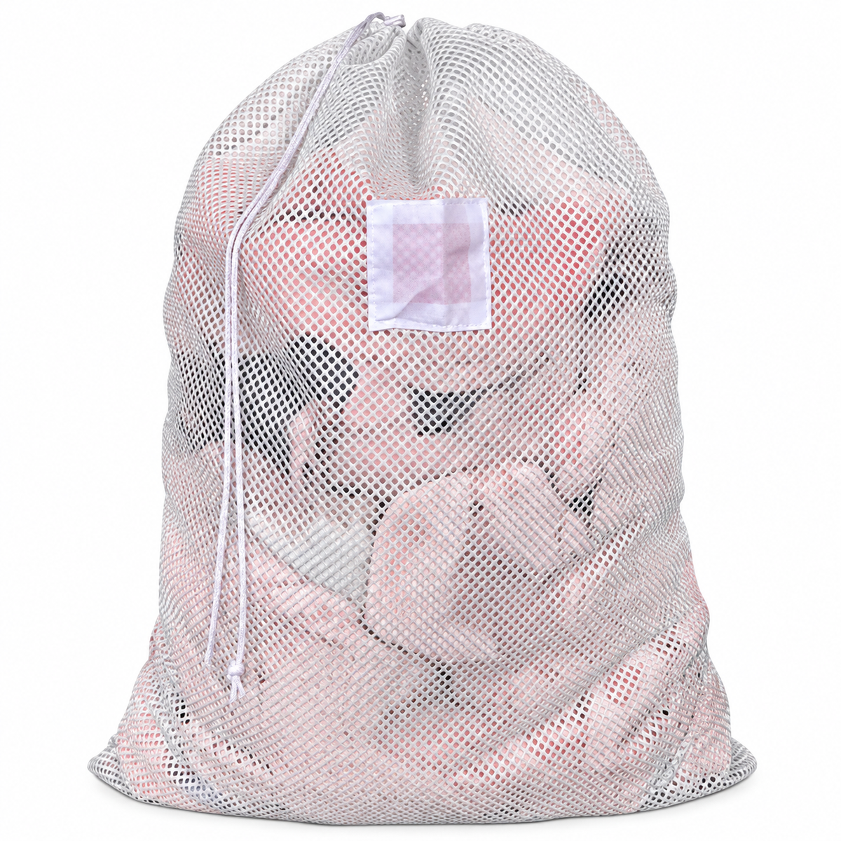 Pictured: Full White Mesh Laundry bag with white ID tag and drawstring enclosure against a white background.