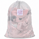 Pictured: Full White Mesh Laundry bag with white ID tag and drawstring enclosure against a white background.