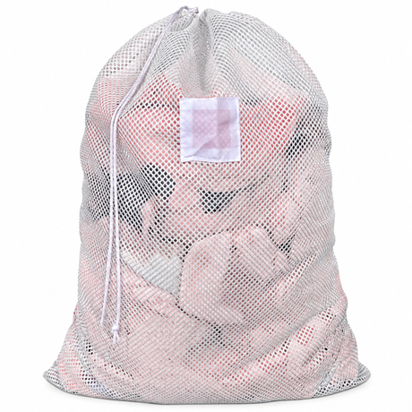 Pictured: Full White Mesh Laundry bag with white ID tag and drawstring enclosure against a white background.
