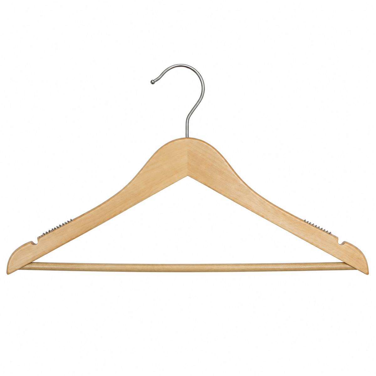 Pictured: Wooden Hanger with metal rod and textured material on the left and right sides of the arms to help keep clothing stable on the hanger.