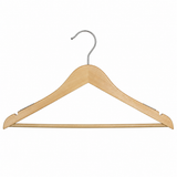 Pictured: Wooden Hanger with metal rod and textured material on the left and right sides of the arms to help keep clothing stable on the hanger.