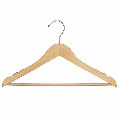 Pictured: Wooden Hanger with metal rod and textured material on the left and right sides of the arms to help keep clothing stable on the hanger.